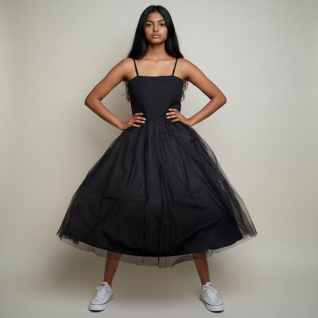 Women’s Black Spaghetti Strap Tulle Midi Dress