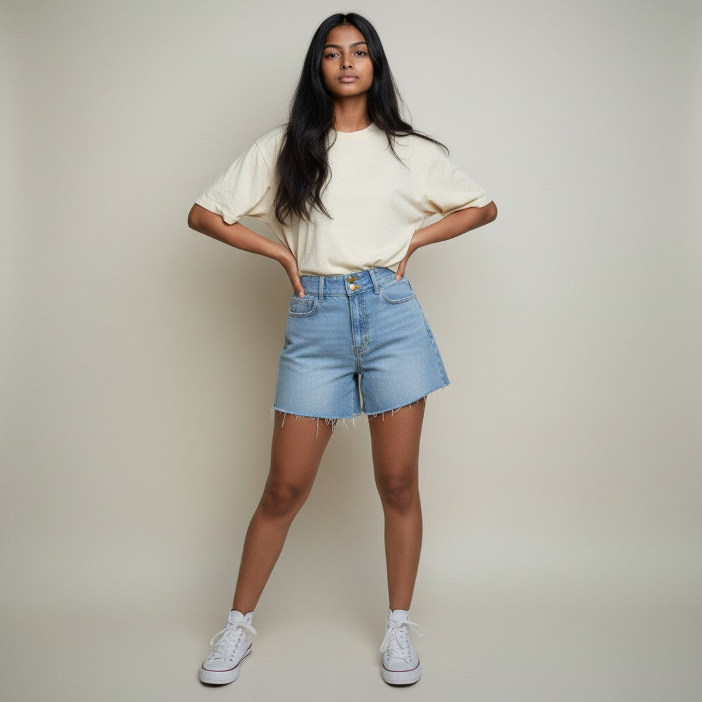 Women’s Light Blue High-Waisted Denim Shorts with Frayed Hem