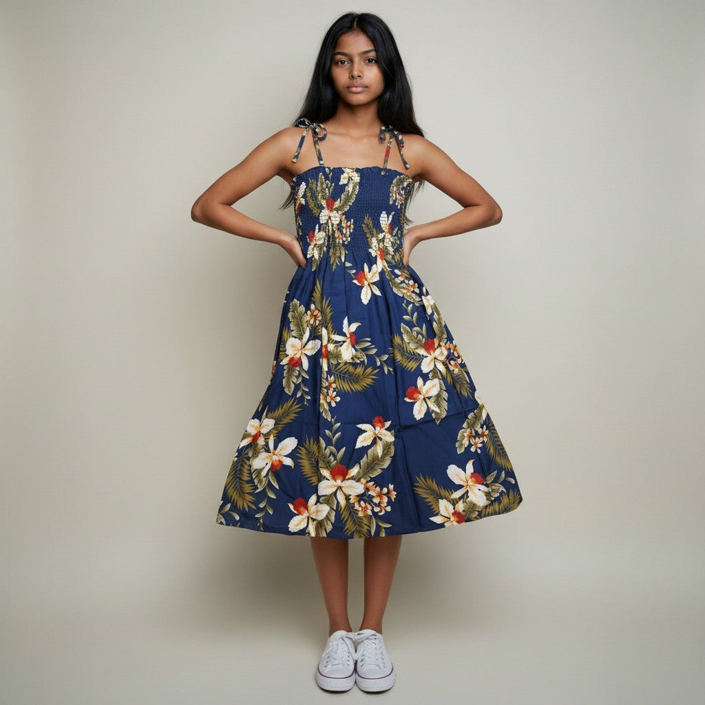 Women’s Navy Blue Floral Printed Smocked Midi Dress with Tie-Up Straps