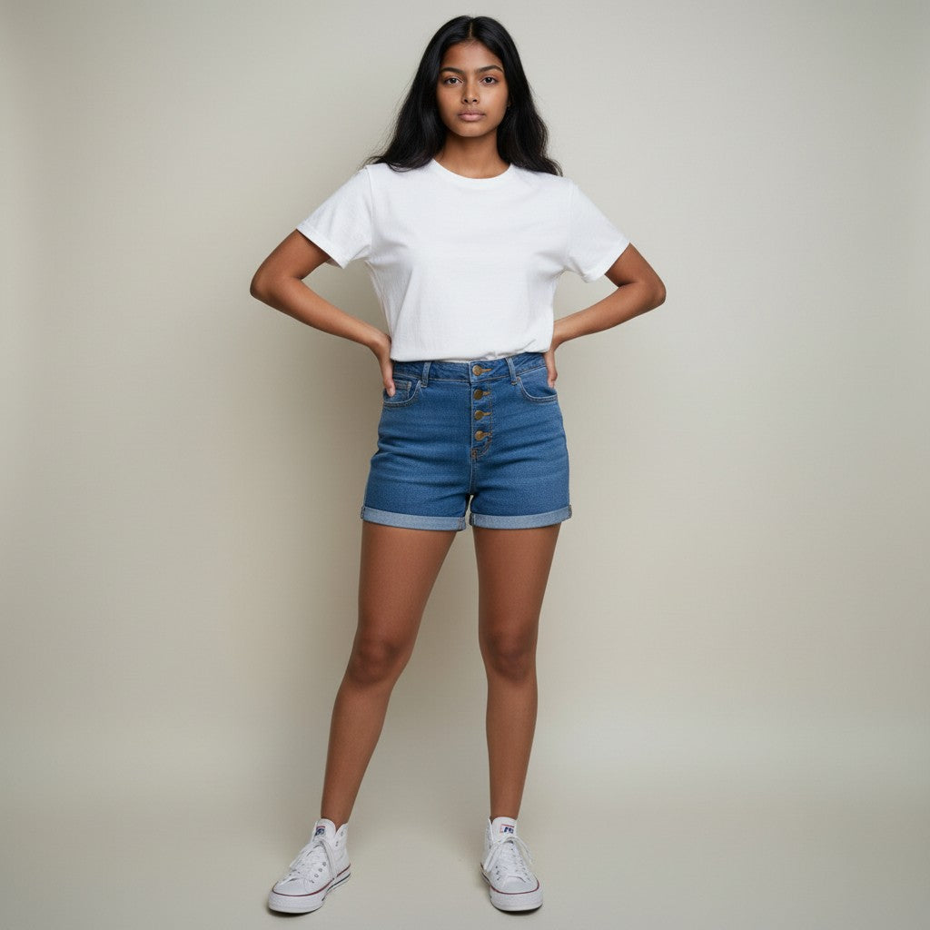 Women’s Mid Blue Denim Shorts – Classic Folded Hem