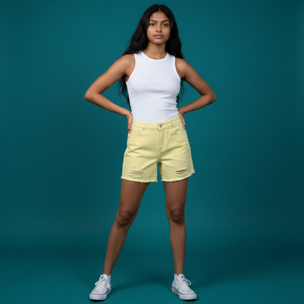 Women’s Pastel Yellow Distressed Denim Shorts – Ripped & Frayed Hem