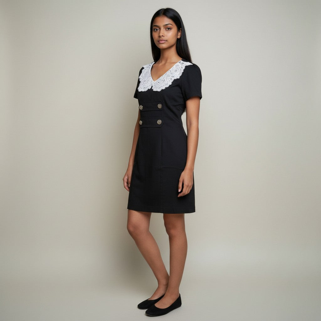 Women’s Black Mini Dress with White Lace Peter Pan Collar & Gold Button Detail