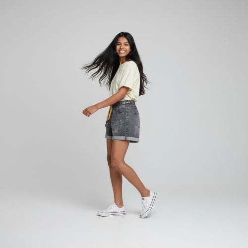 Charcoal Grey Distressed Denim Drawstring Shorts
