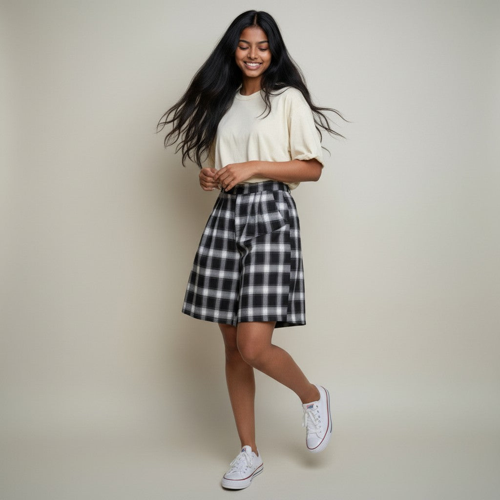 Women’s Black & White Plaid High-Waist Casual Shorts