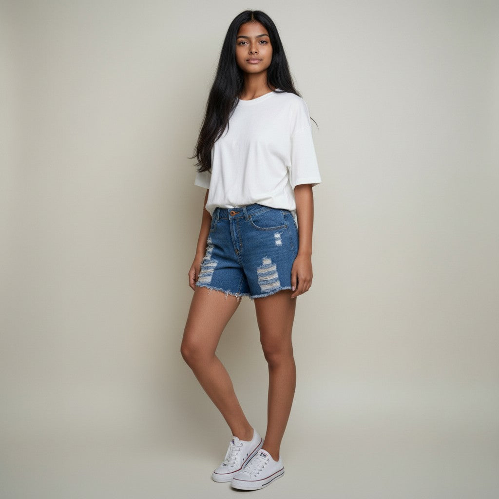 Women’s Mid Blue Distressed Denim Shorts – Ripped & Frayed Hem