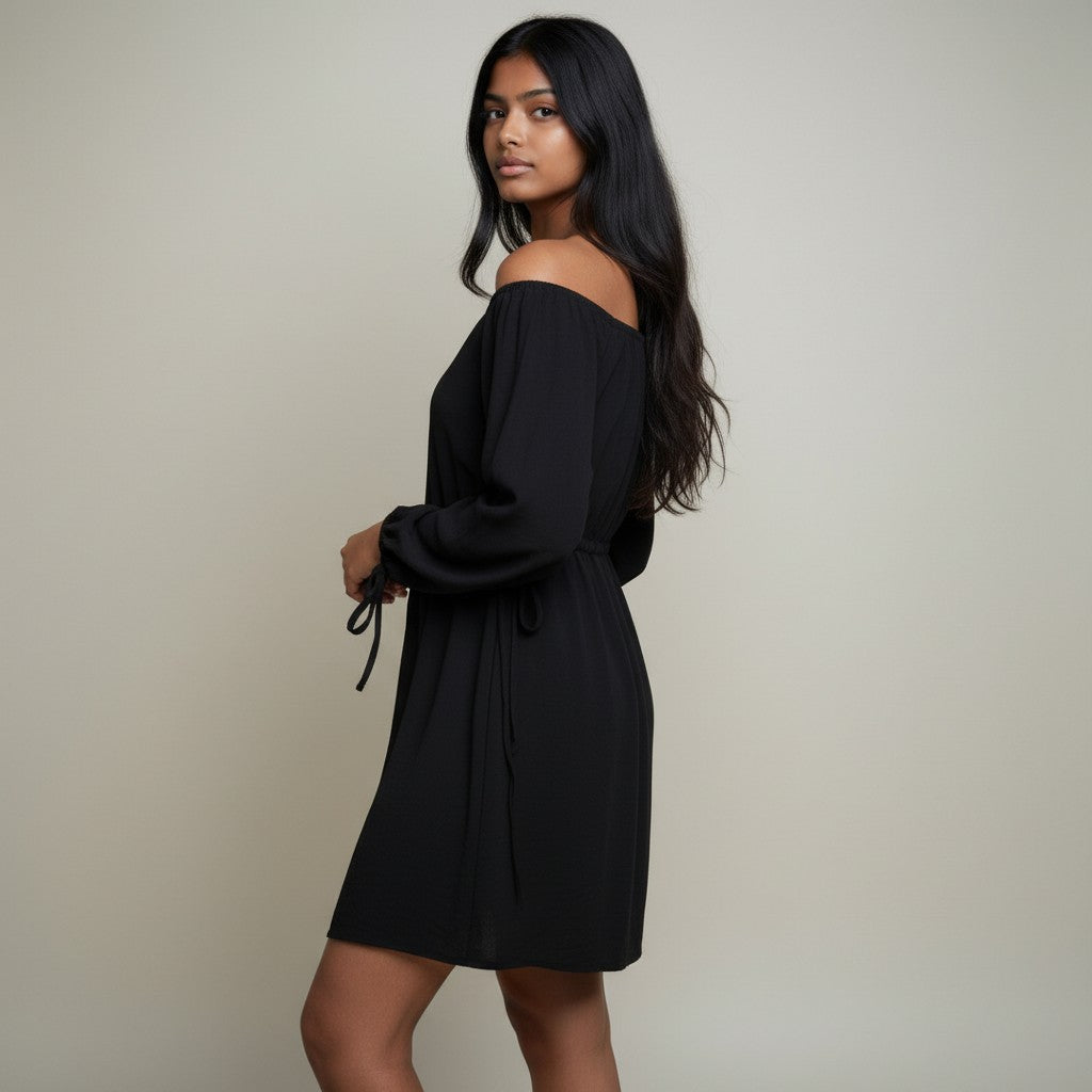 Women’s Black Off-Shoulder Mini Dress with Balloon Sleeves