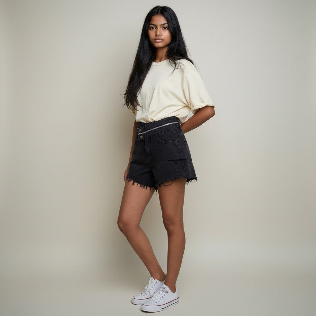 Women’s Black High-Waisted Denim Shorts with Asymmetric Zip & Frayed Hem
