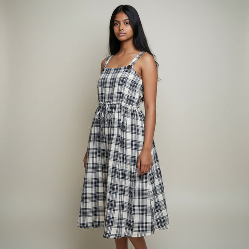 Black & White Plaid Tie-Waist Midi Dress