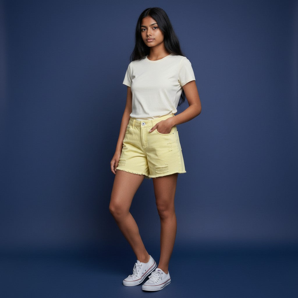 Women’s Pastel Yellow Distressed Denim Shorts – Ripped & Frayed Hem