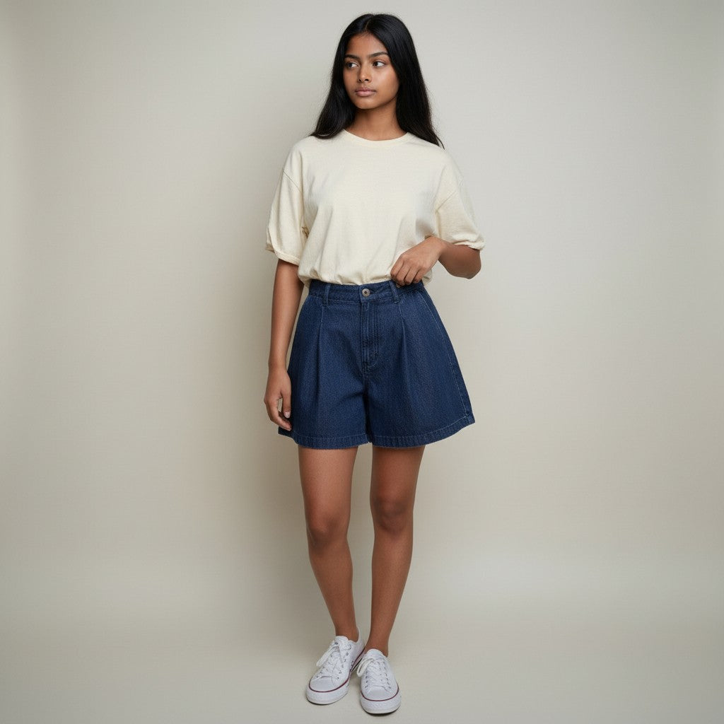 Women’s Dark Blue Denim Shorts – High-Waist Wide Leg Casual Shorts