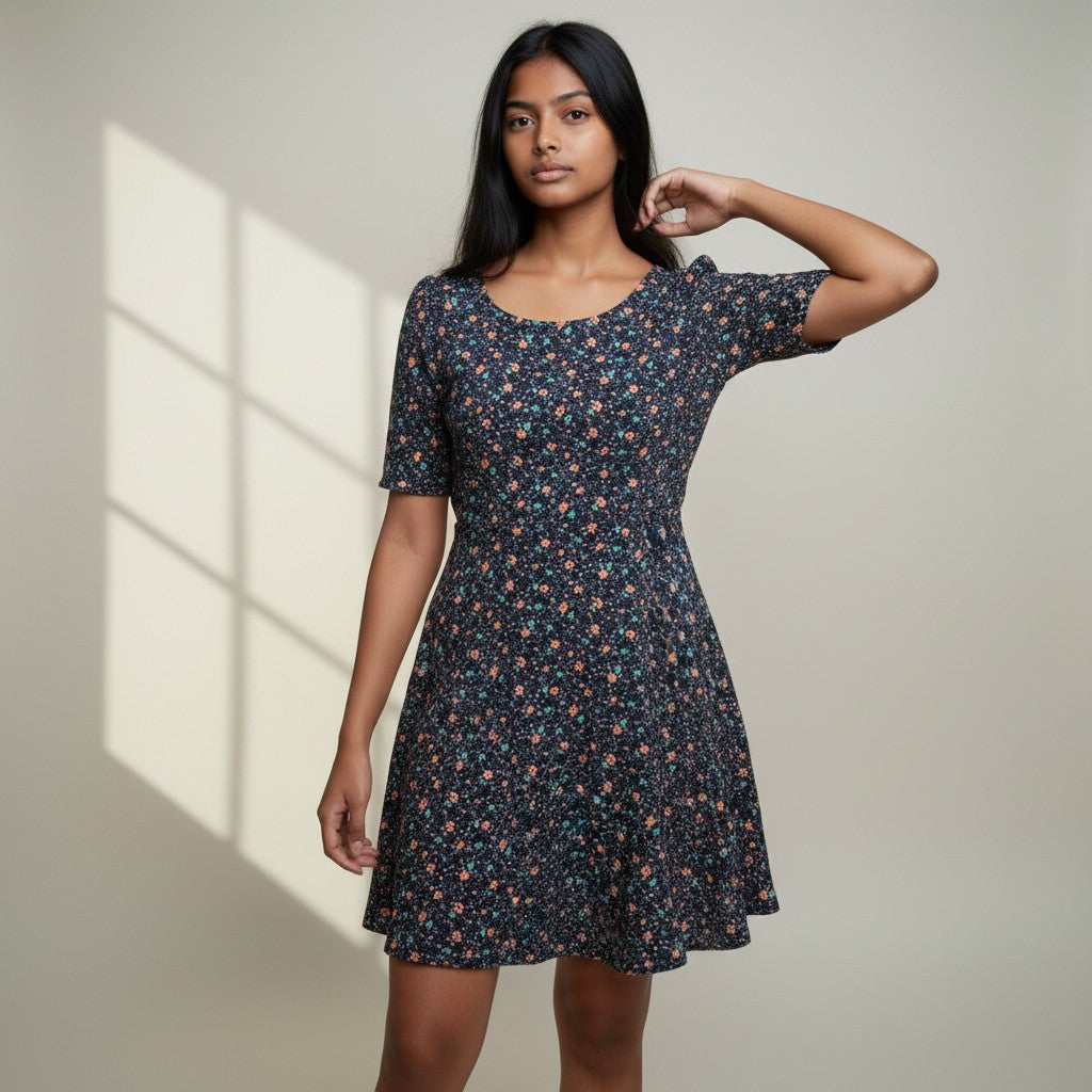 Women’s Navy Blue Floral Printed Fit & Flare Mini Dress