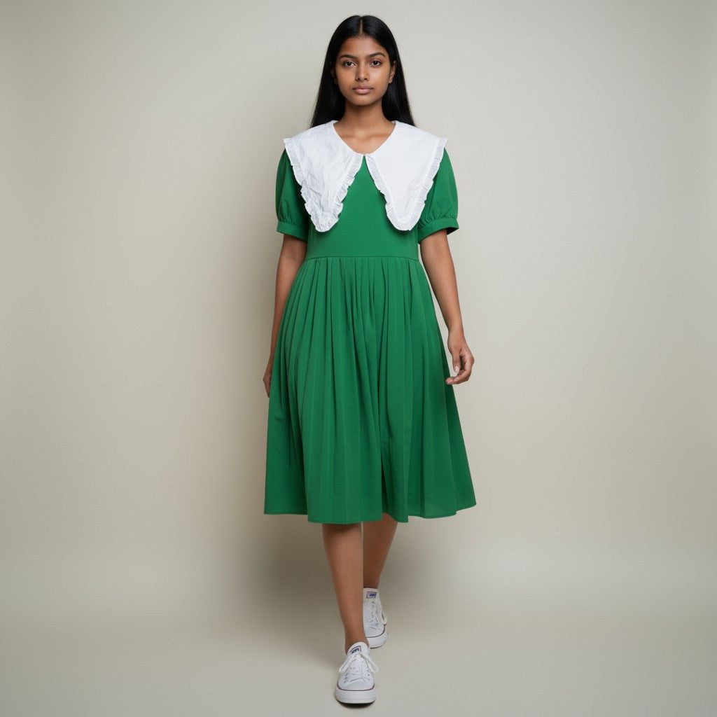 Women’s Green Fit & Flare Mini Dress with White Peter Pan Collar