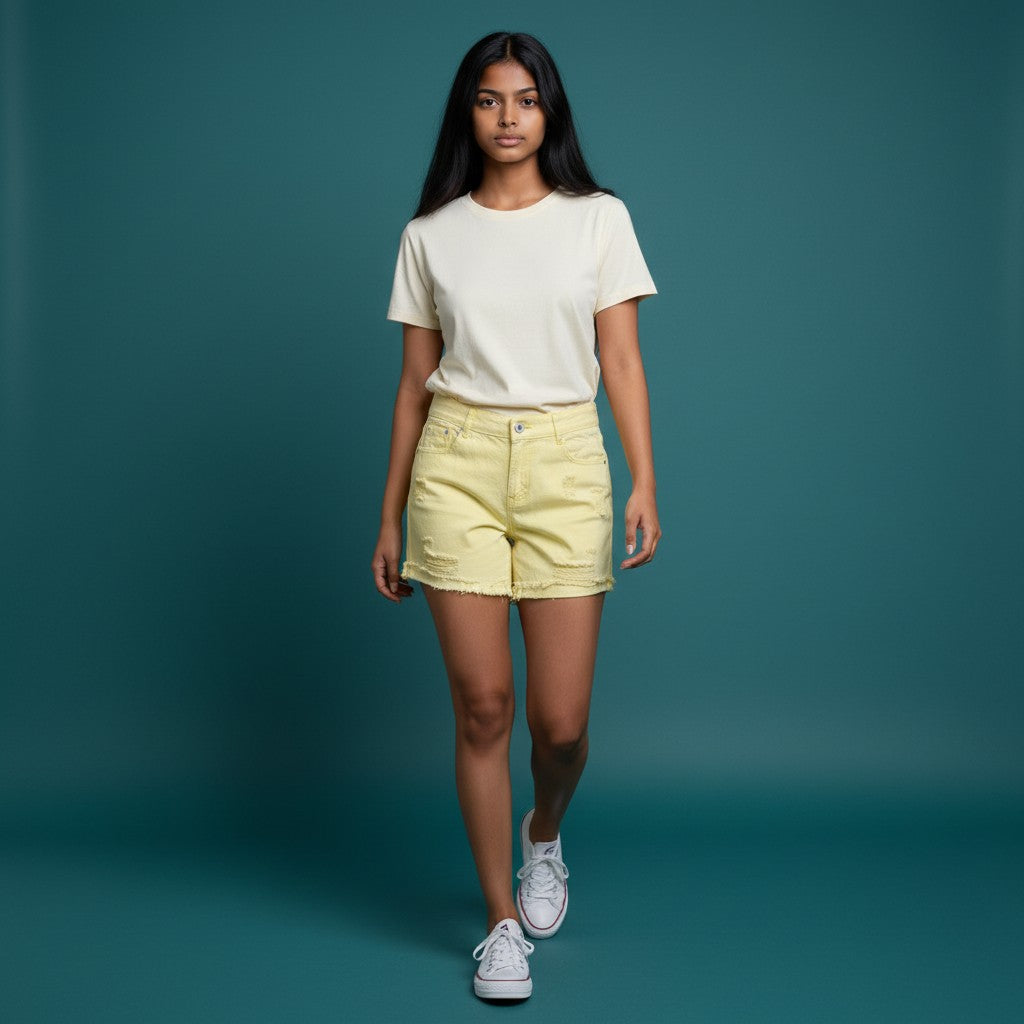 Women’s Pastel Yellow Distressed Denim Shorts – Ripped & Frayed Hem