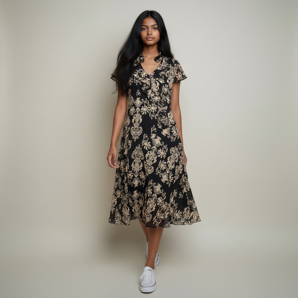 Women’s Black & Beige Floral Printed A-Line Midi Dress