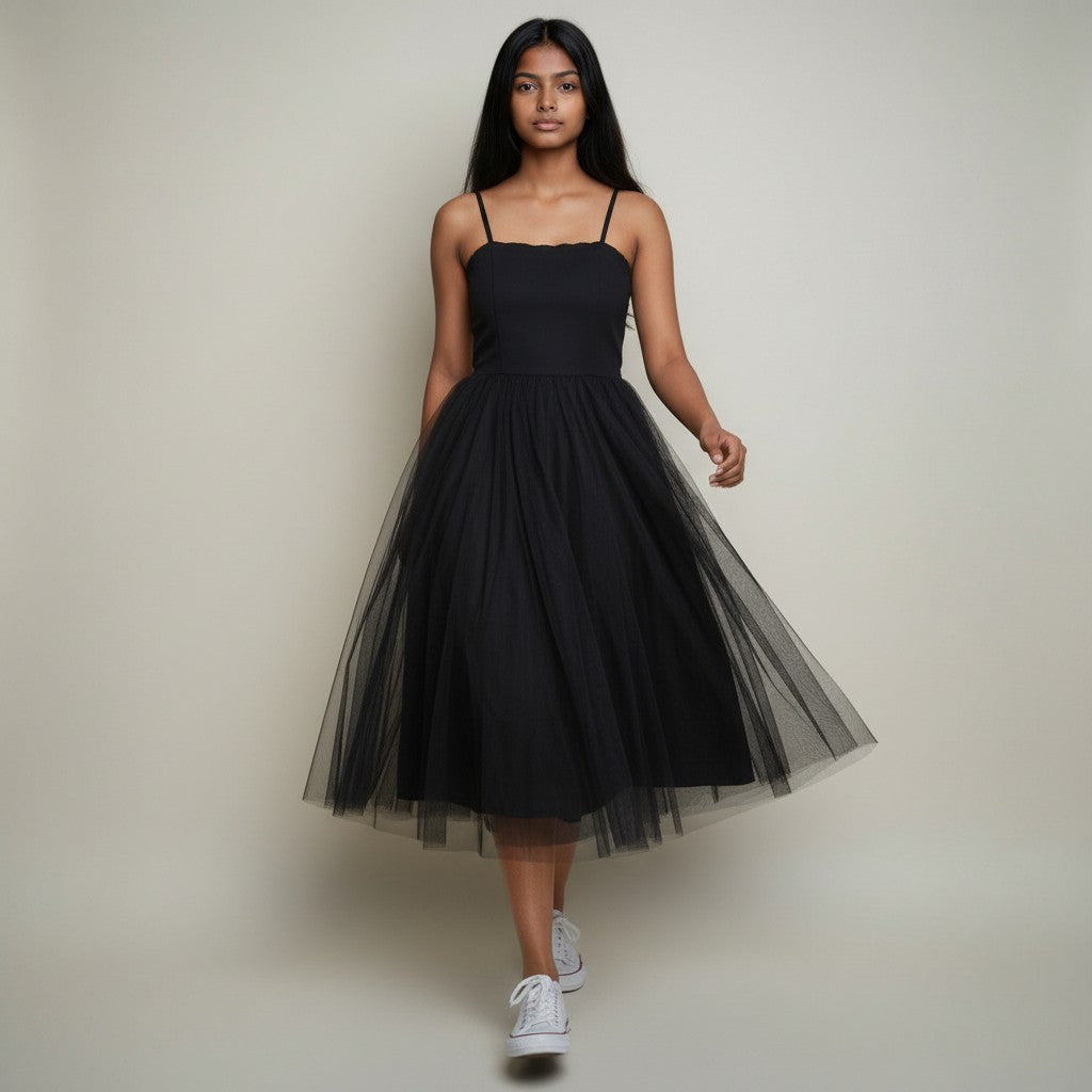 Women’s Black Spaghetti Strap Tulle Midi Dress