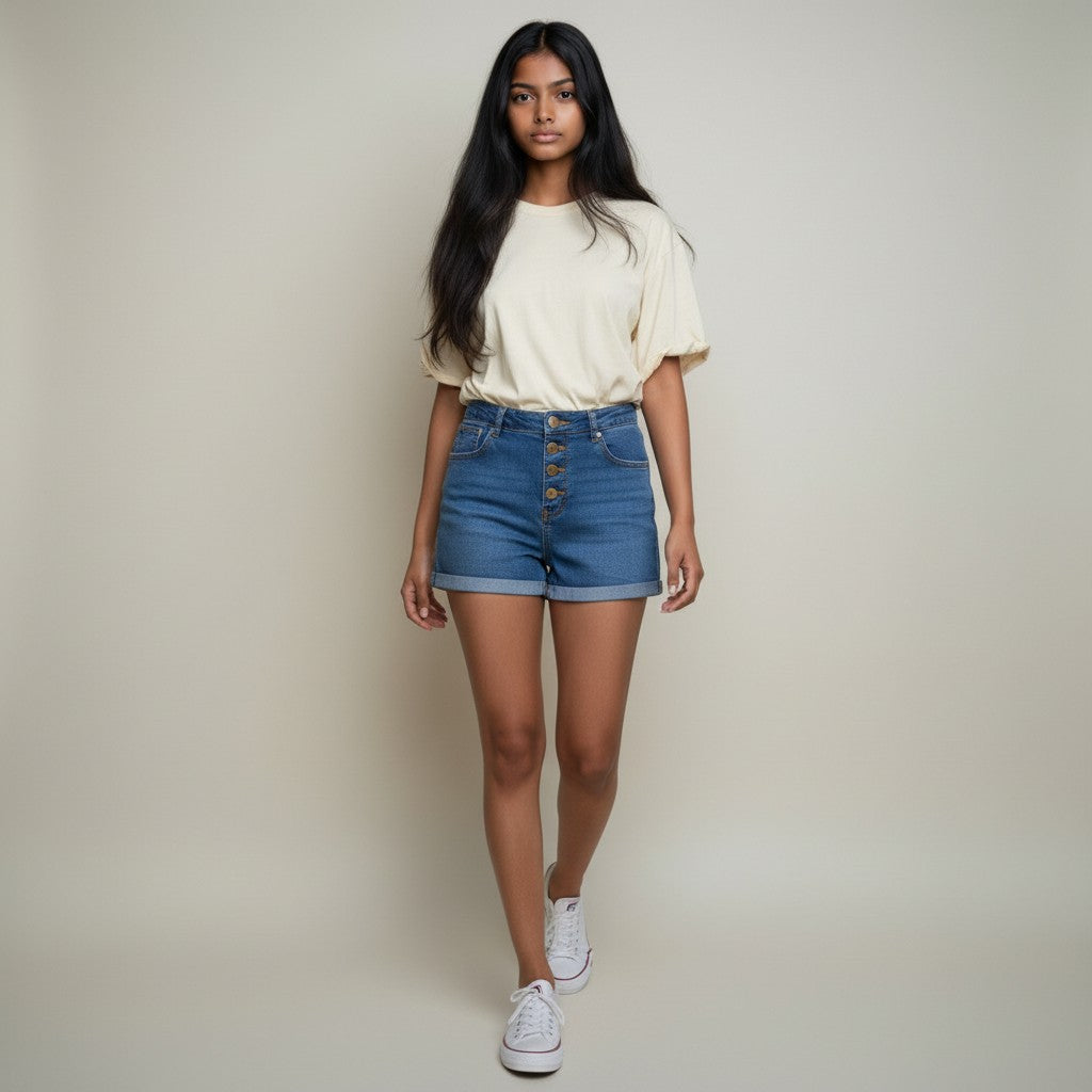 Women’s Mid Blue Denim Shorts – Classic Folded Hem