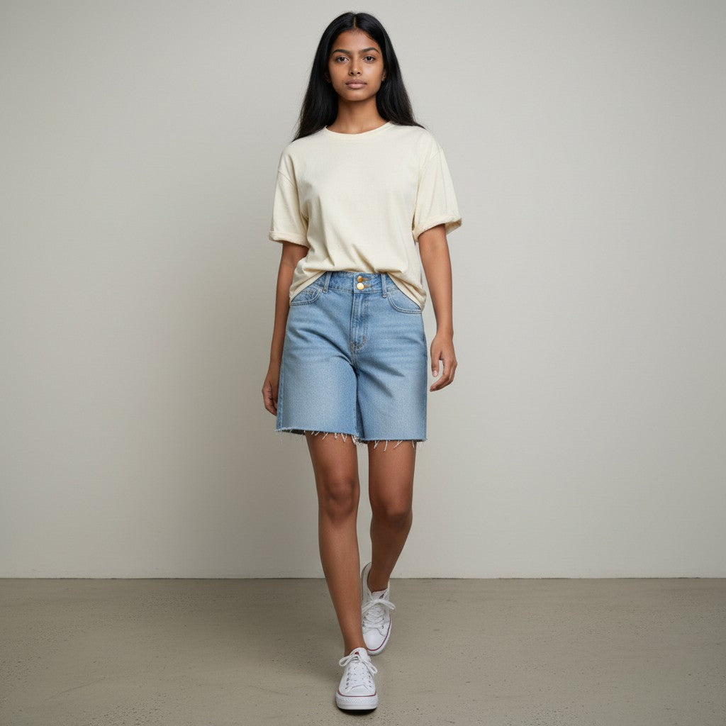 Women’s Light Blue High-Waisted Denim Shorts with Frayed Hem