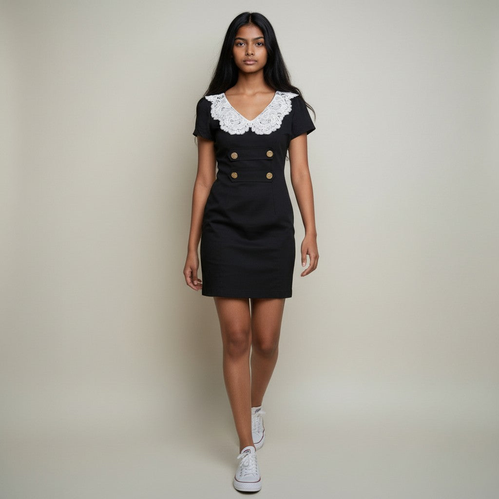 Women’s Black Mini Dress with White Lace Peter Pan Collar & Gold Button Detail
