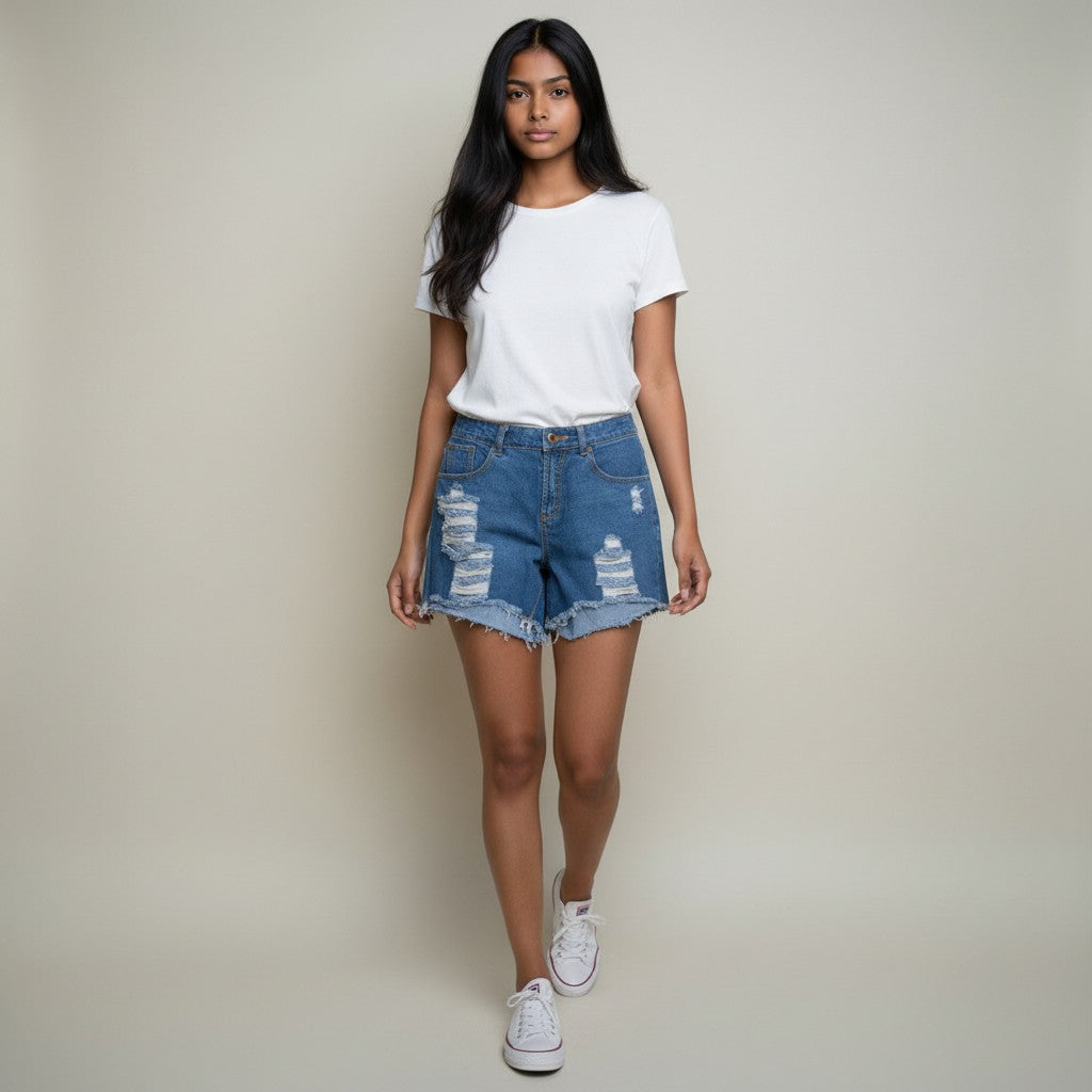 Women’s Mid Blue Distressed Denim Shorts – Ripped & Frayed Hem