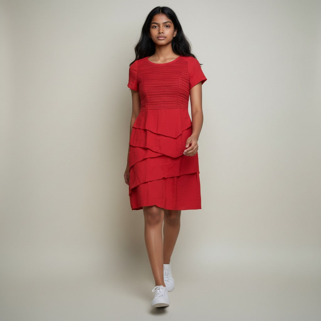 Women’s Red Layered Ruffle Midi Dress