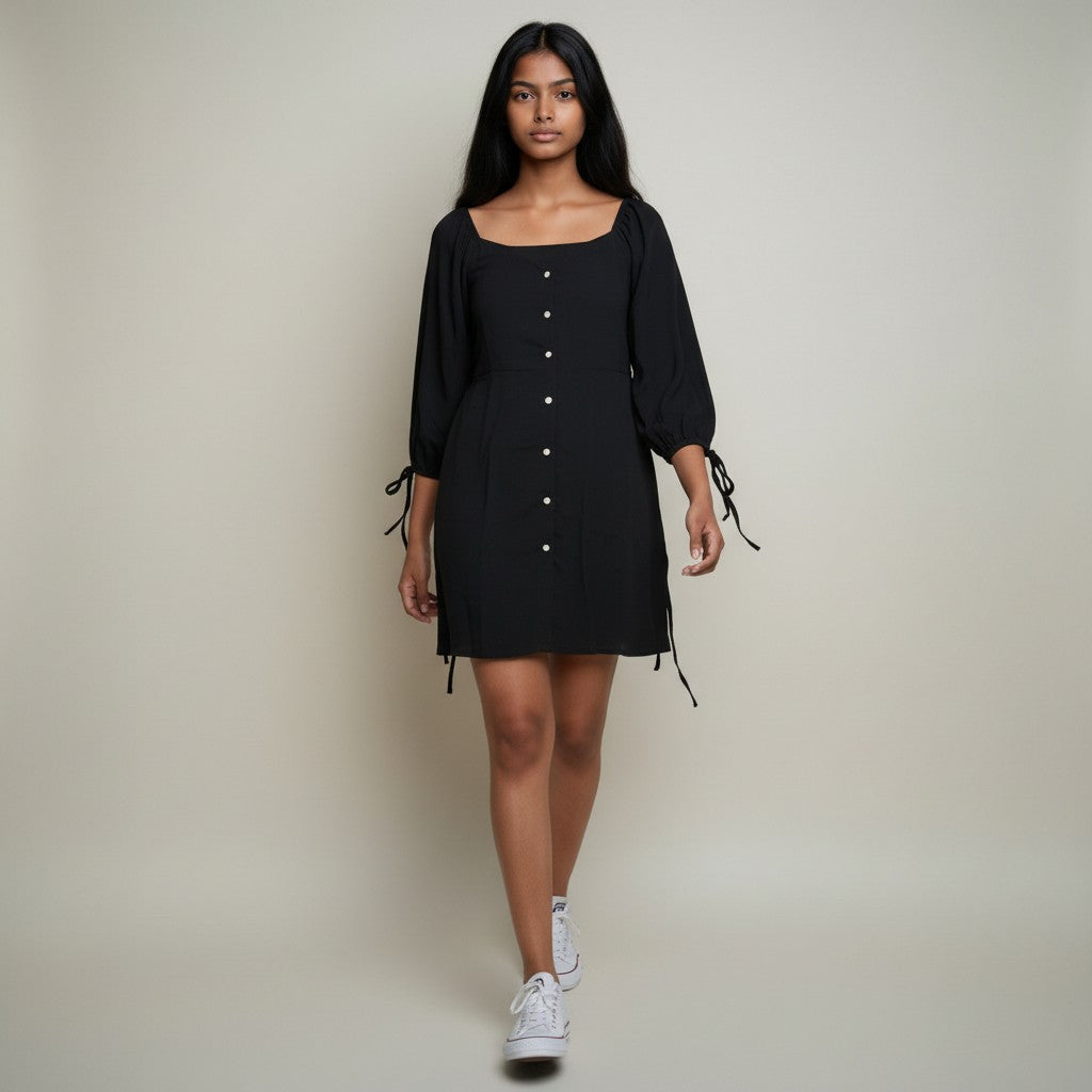 Women’s Black Off-Shoulder Mini Dress with Balloon Sleeves
