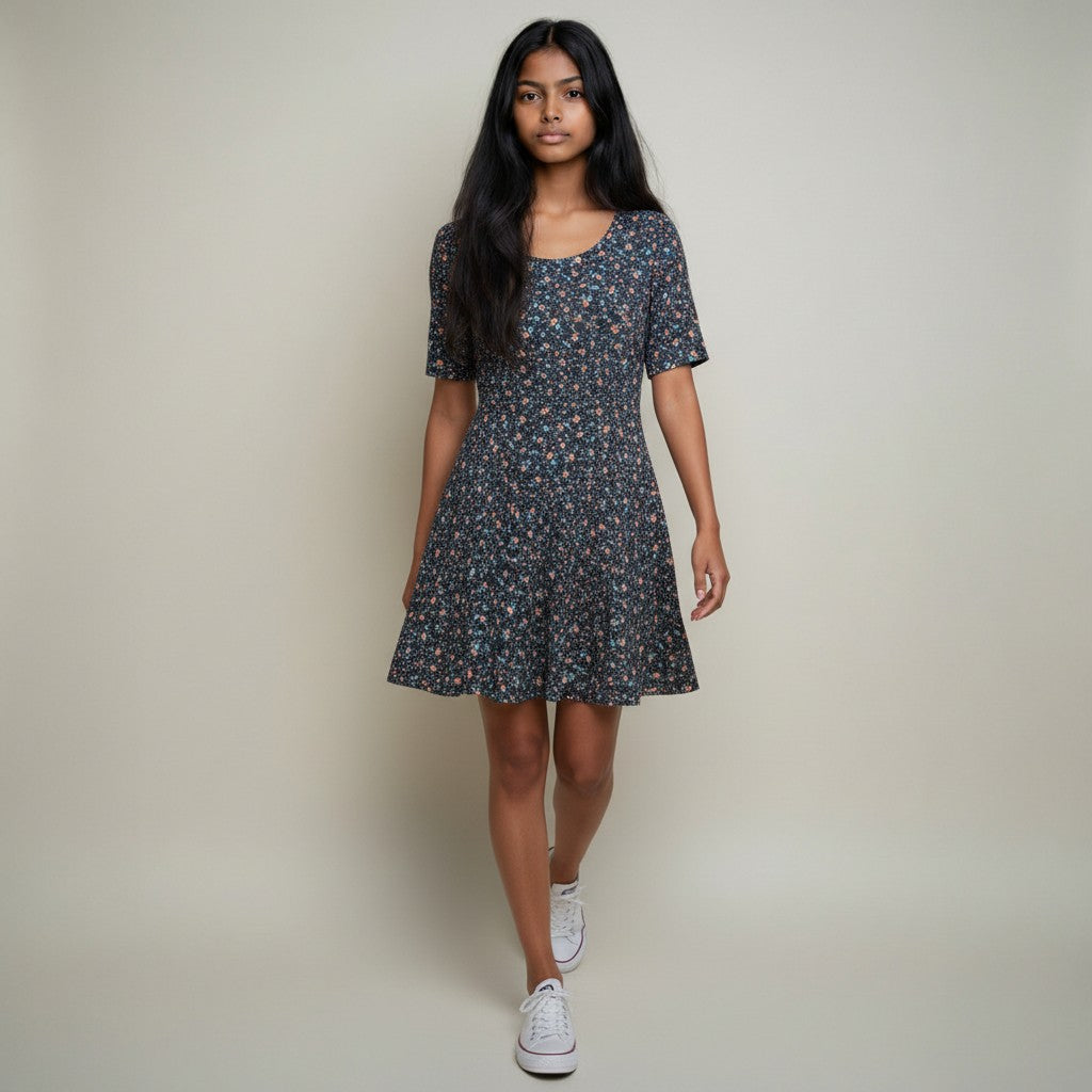 Women’s Navy Blue Floral Printed Fit & Flare Mini Dress