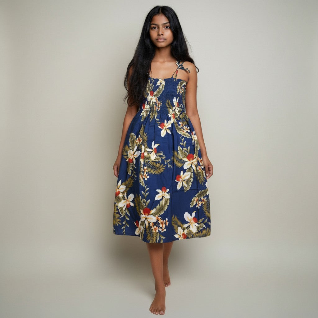 Women’s Navy Blue Floral Printed Smocked Midi Dress with Tie-Up Straps