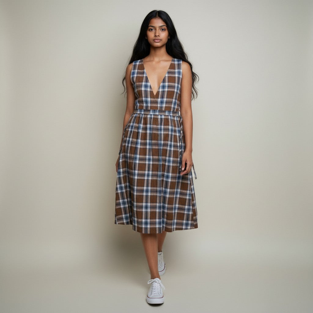 Women’s Brown & Blue Plaid Checkered A-Line Midi Dress